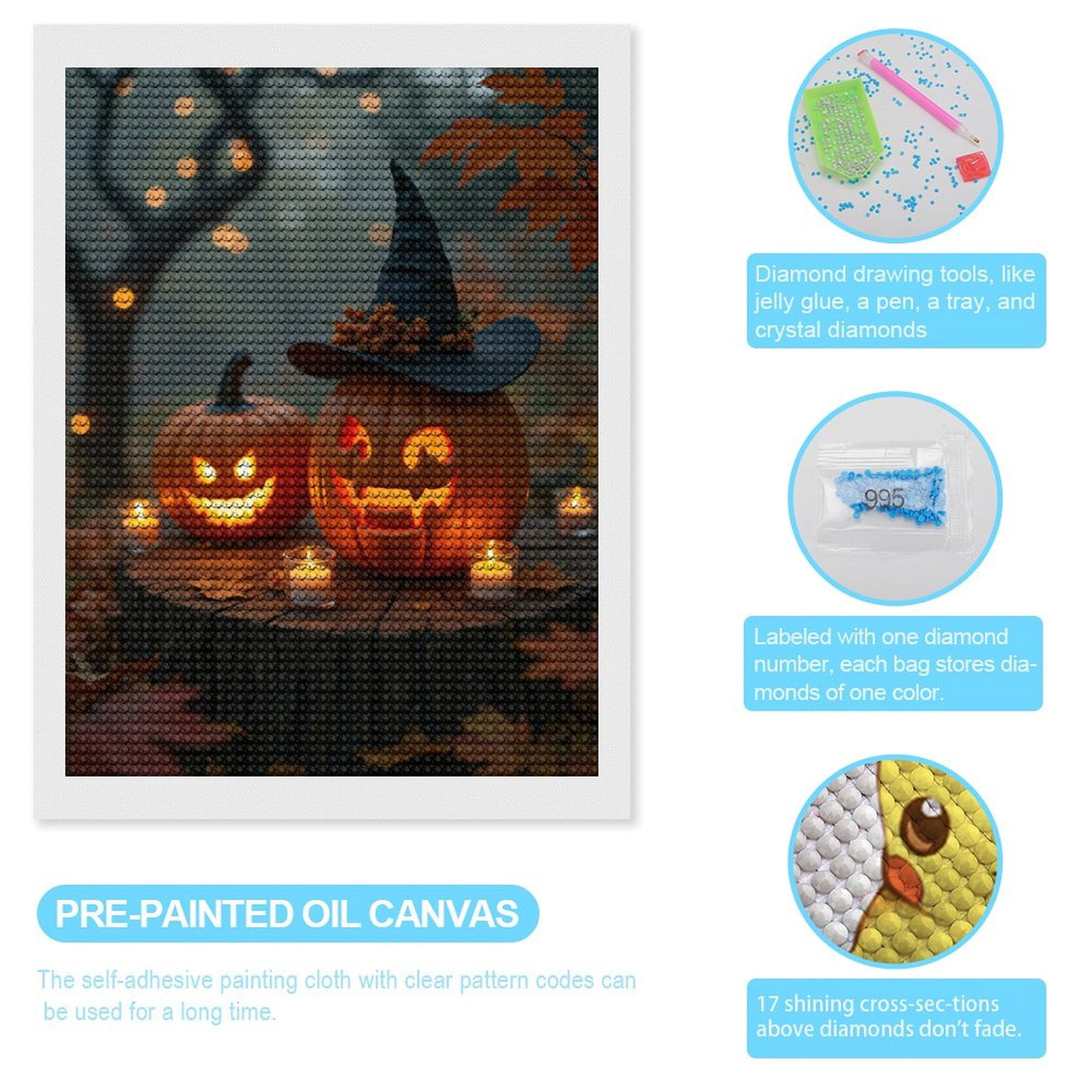 Diamond Art Kits for Adults, Jack O Lanterns Autumn Candles 5D Diamond Painting Kits for Adults Beginners, DIY Full Drill Diamond Painting, Gem Art and Crafts 12x16