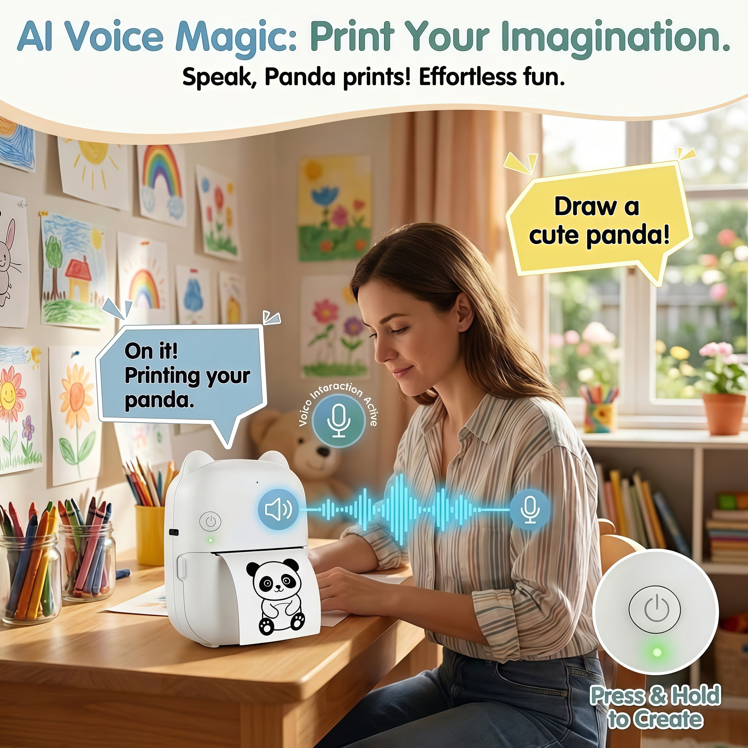 AI Voice-to-Image Printer, Portable Inkless Thermal Printer with AI Image Generation & Voice Q&A,  For DIY, Family Creative Time, Stickers, Creative Gift - White