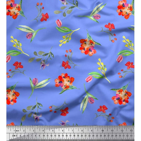 Soimoi Blue Cotton Duck Fabric Leaves & Tulip Floral Printed Craft Fabric by the Yard 42 Inch Wide