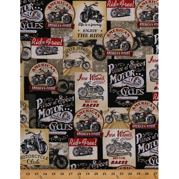 1 FAT QUARTER - Motorcycles Vintage-look Bikers America's Finest Iron Wheels Vehicles (FUN-C8049-multi) M415.21