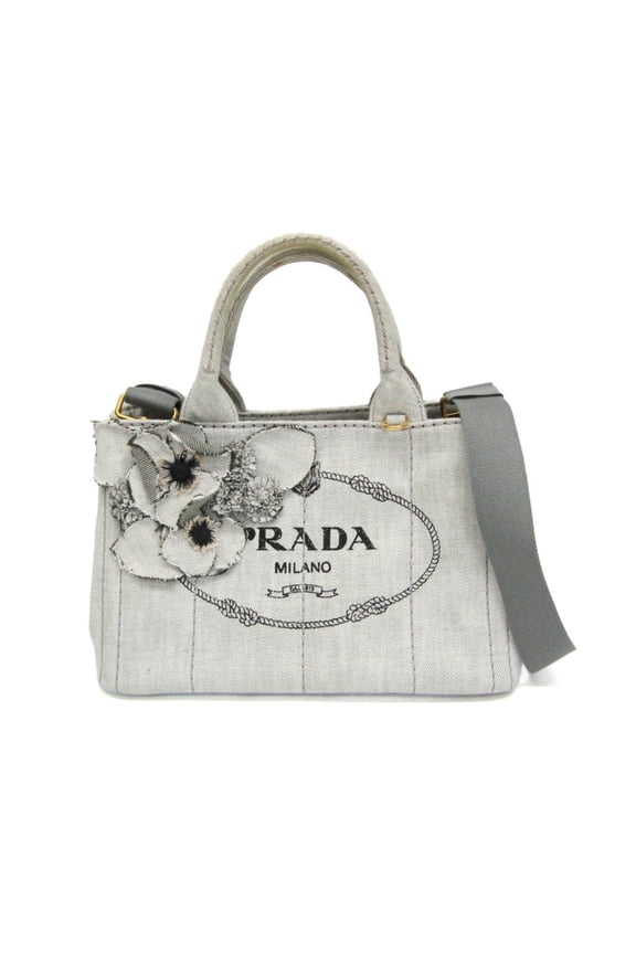 Pre-Owned Prada Canapa Flower Corsage 1BG439 Women's Denim Handbag,Shoulder Bag White