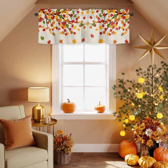 Kitchen Valances for Window, Fall Orange Maple Leaves Tree Light Filtering Rod Pocket Valance Curtain, Retro Linen Short Curtains Window Topper for Bedroom Bathroom Living Room 42x12in
