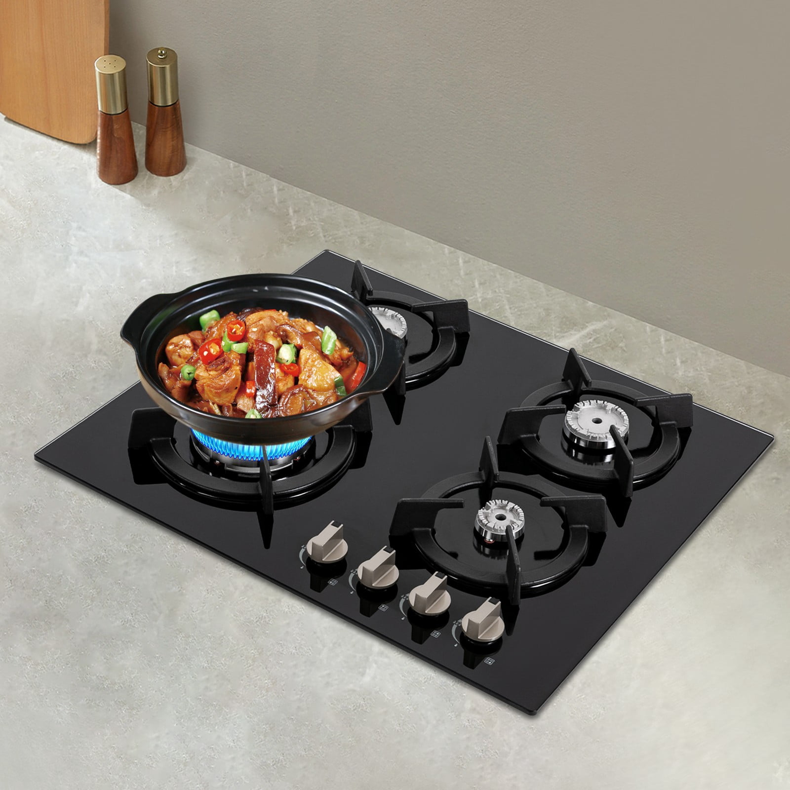 23.23*20.08in Gas Cooktop Stove Top 4 Burners NG/LPG Built-in Kitchen Gas Stove Tempered Glass Black