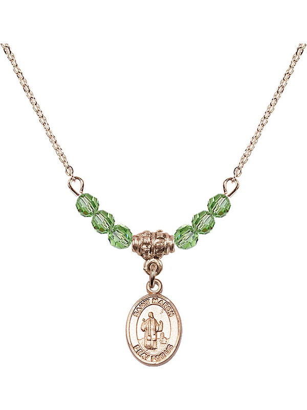 18-Inch Hamilton Gold Plated Necklace with 4mm Crystal Birthstone Beads and Gold Filled Saint Maron Charm.