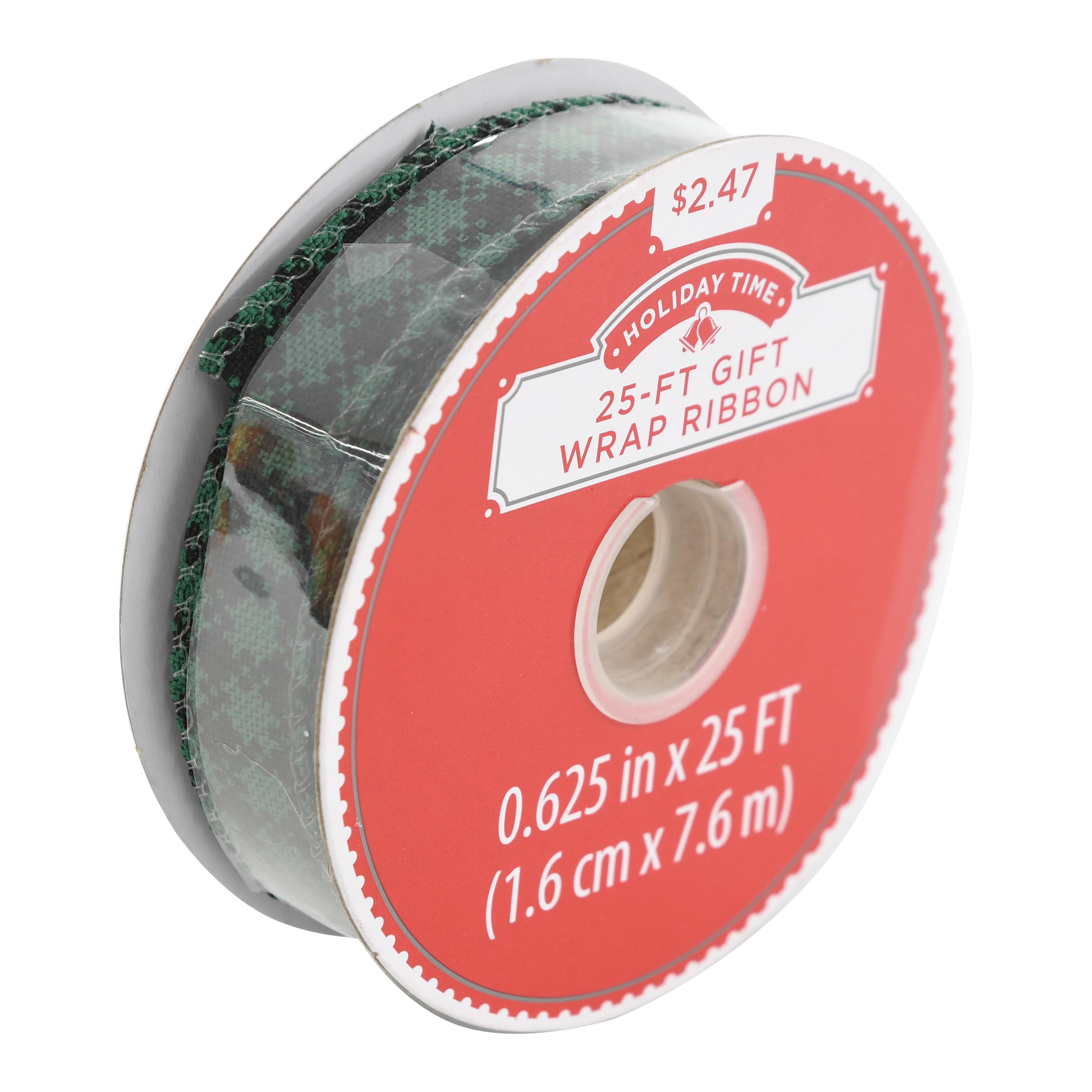 Holiday Time Gift Wrap Ribbon, Green Houndstooth, .625” x 25’
