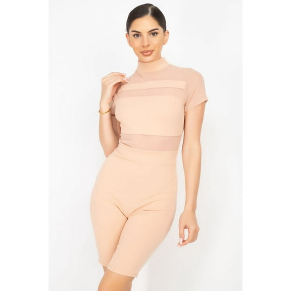 Stripe Mesh Mock Neck Biker Romper