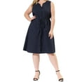 thumbnail image 2 of Unique Bargains Women's Plus V Neck Sleeveless Drawstring with Pocket Midi Shirtdress 3X Dark Blue, 2 of 7