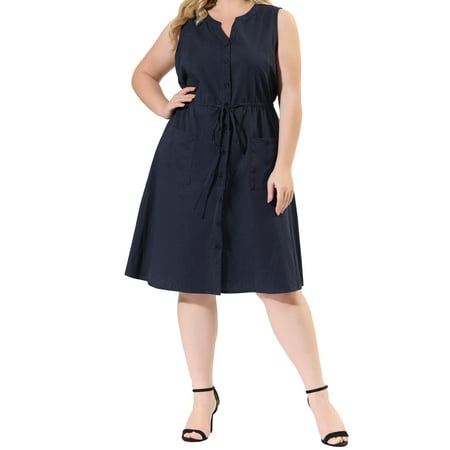 MODA NOVA Juniors' Plus V Neck Sleeveless Drawstring with Pocket Midi Shirtdress 3X Dark Blue