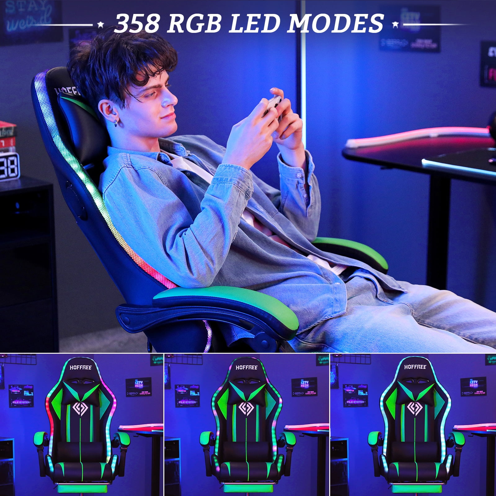 Hoffree Gaming Chair with Bluetooth Speakers and Footrest Massage Office Chair with LED Lights Ergonomic Game Chair High Back with Lumbar Support and Headrest Adjustable Swivel for Adults 300lb