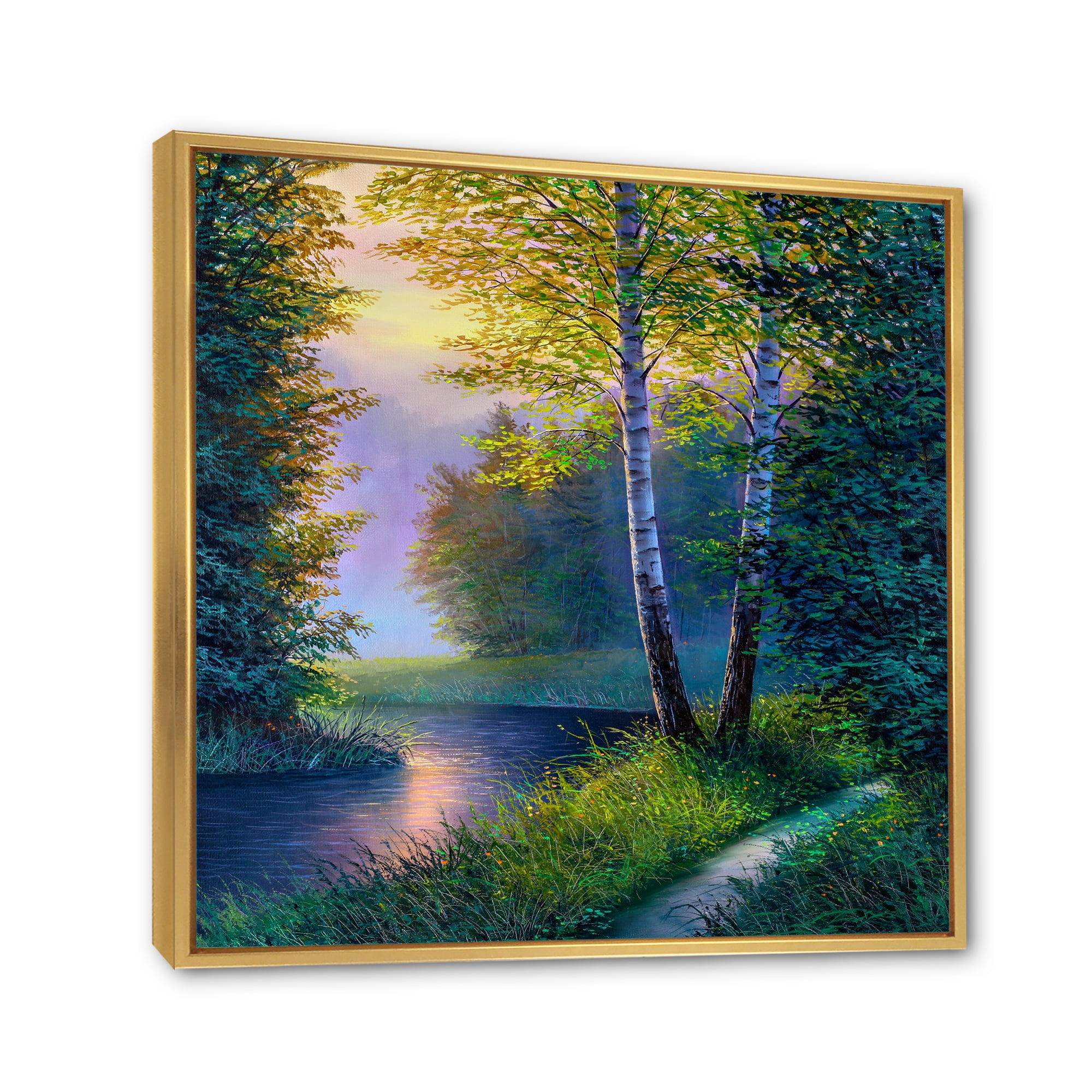 Sunrise Glow Through The Birch Forest 30 in x 30 in Framed Painting Canvas Art Print, by Designart