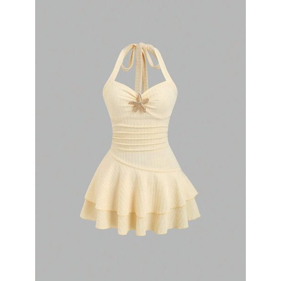 Yellow Womens Halter Tie Front Ruched Bust Textured Layered Ruffle Hem Mini Dress