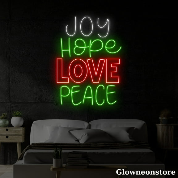 Glowneon Joy Love Love Peace Neon Sign, Joy Love Love Peace Led Sign, Christmas Quotes LED