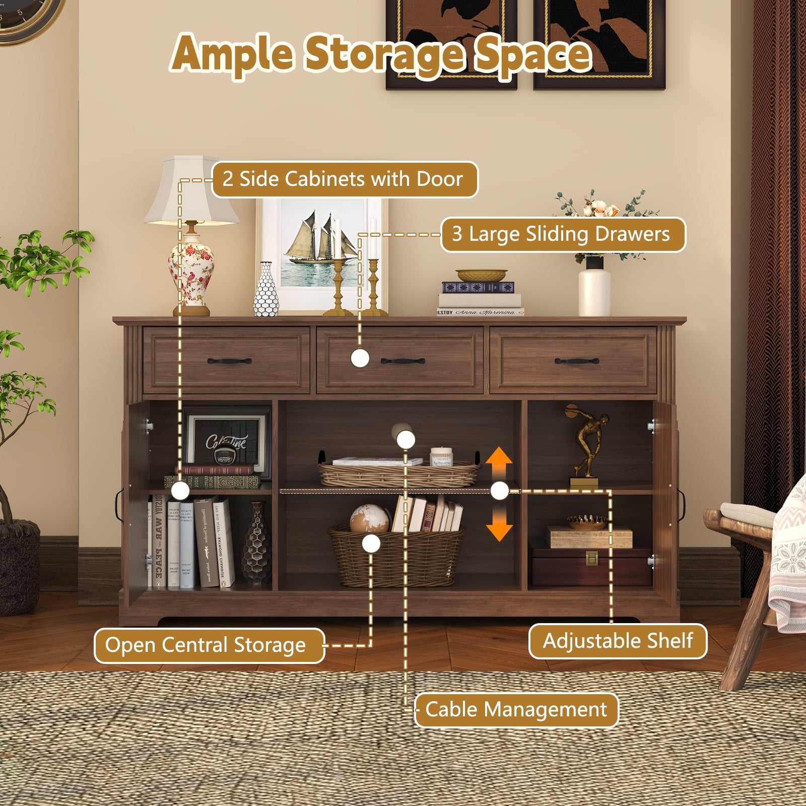 HLR Mid Century 60" TV Stand for TV up to 65", Entertainment Center with Drawers Storage for Living Room, Brown