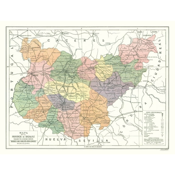 Historic Map - Badajoz Province Spain - Pompido 1913 - 30.11 x 23 - Vintage Wall Art