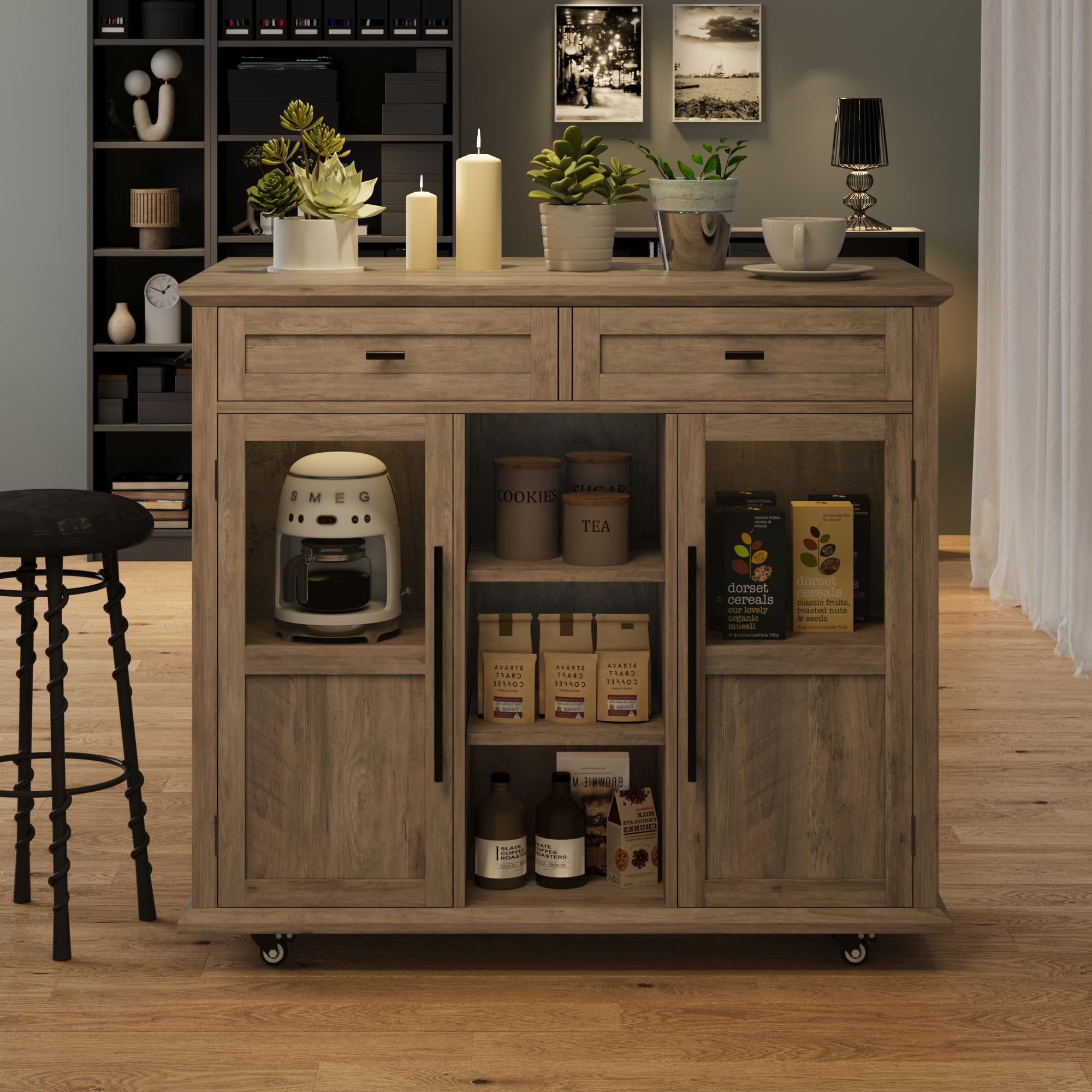 Rolling Kitchen Island Cart with Folding Drop Leaf, Breakfast Bar, Portable Trolley Island with Large Storage Cabinet, Shelf and Drawer