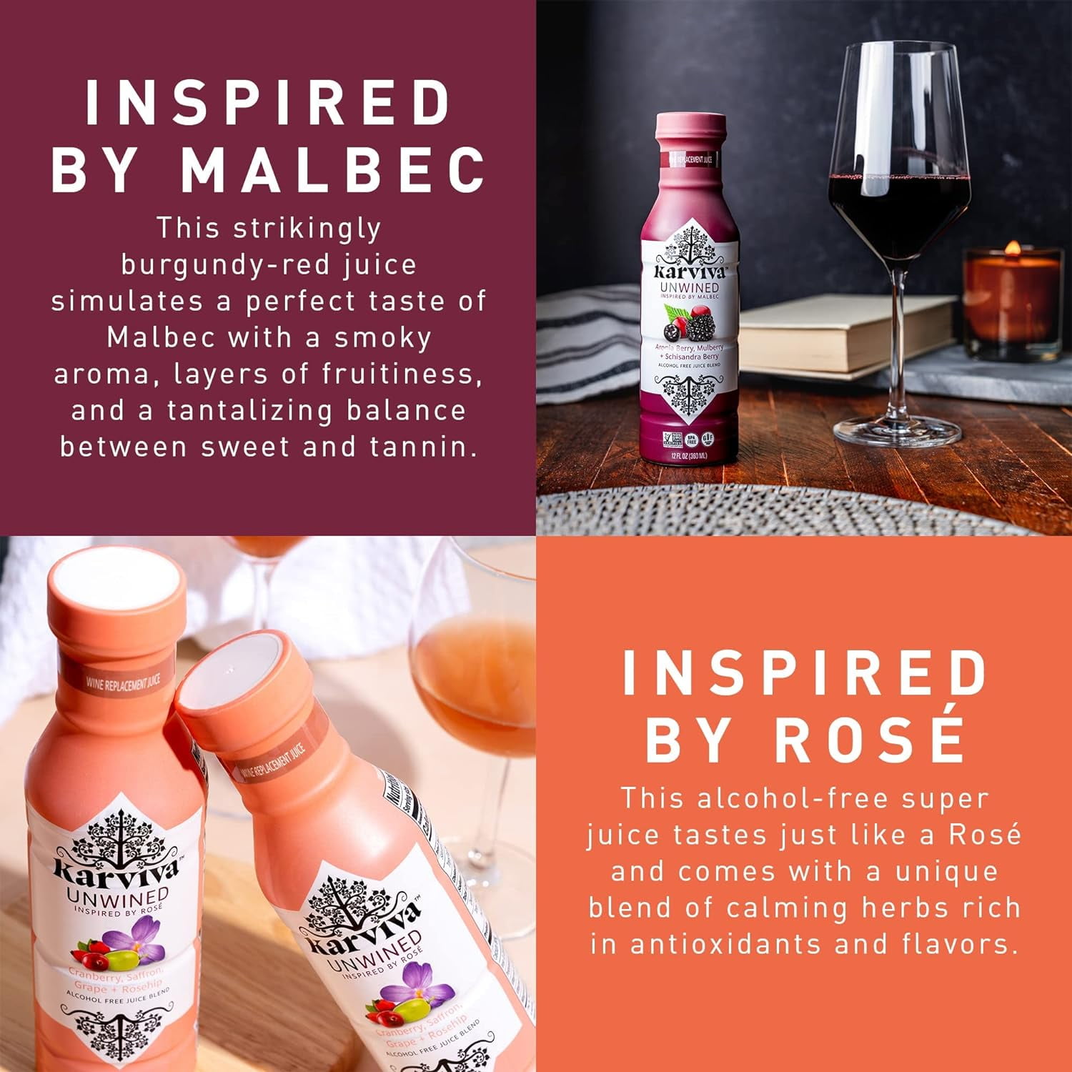 Karviva Organic Non-Alcoholic Wine, Malbec & Rosé Alternatives, 12 Fl oz, 4-Pack, Sulfite Free, Low-Sugar