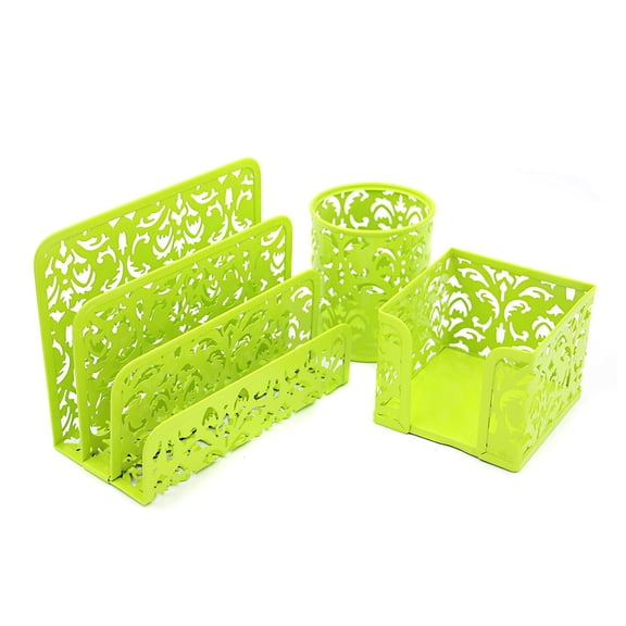 ROMANSENTIAL 3Pcs Office Desk Tidy Organiser Set Green Mesh Metal Storage Container for Pens and Papers