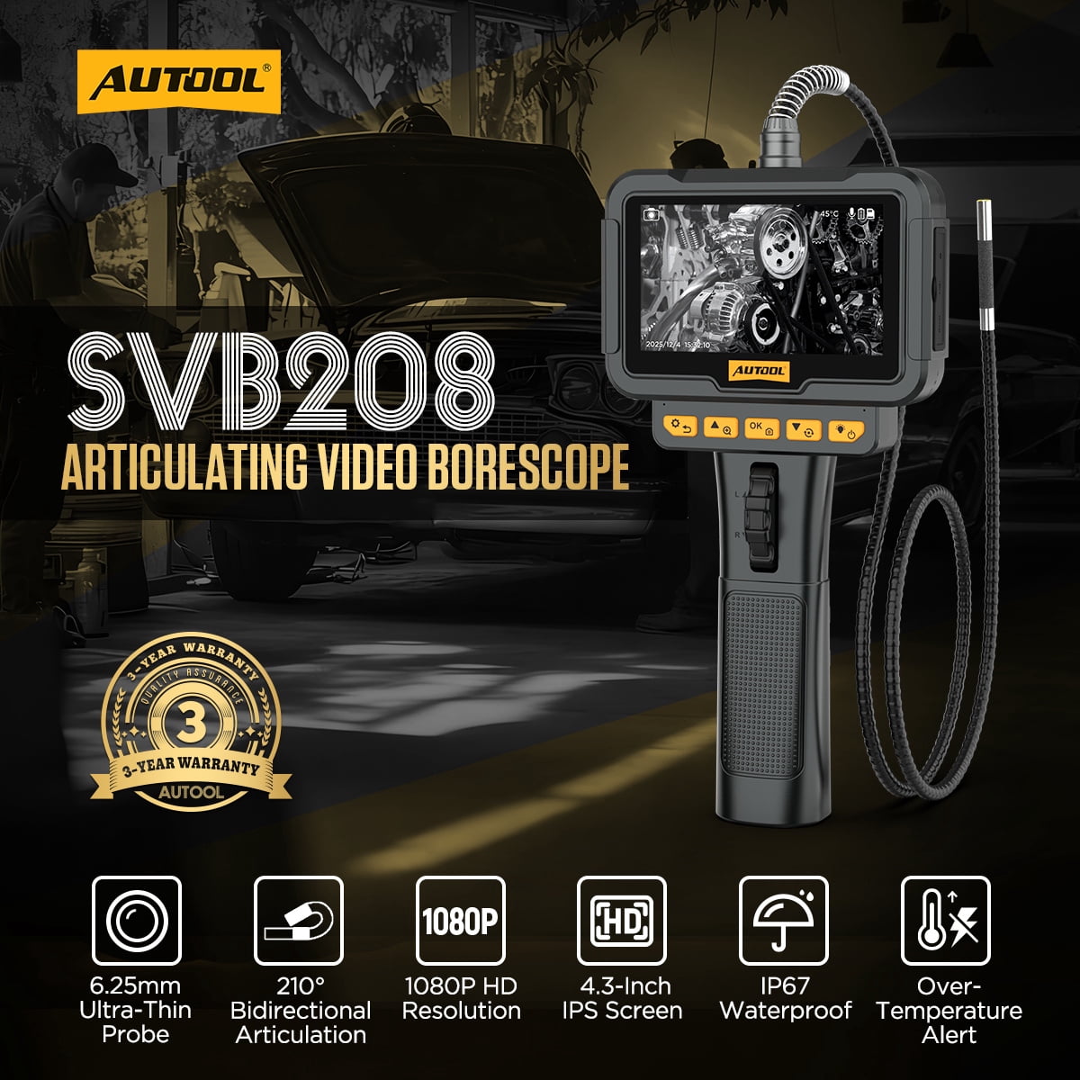 AUTOOL SVB208 210° Car Articulating Borescope Inspection Camera, 1080P HD Endoscope Camera, 6.25mm Ultra-Thin Probe with 6 LED Lights 1 Set