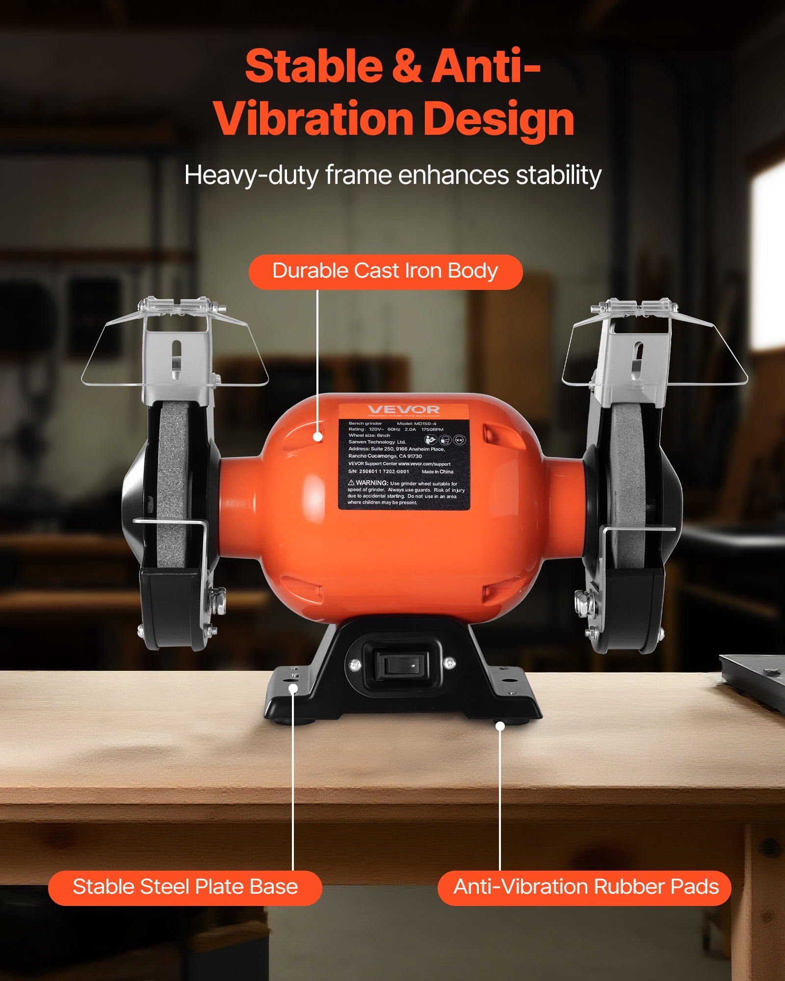 VEVOR Bench Grinder,6-inch Single Speed Bench Grinder,1750RPM Low-Speed Table Grinders with 250W 2A Induction Motor, 36/60-Grit Grinding Wheels & Adjustable Tool Rest for Precise Sharpening Grinding