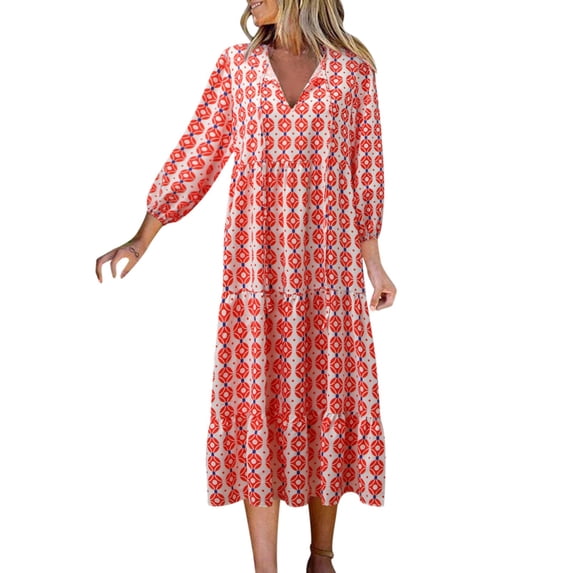 Sunday Dress for Women Young Woman Dresses Women Fashion Boho Print Half Sleeve Dress V Neck Strap Loose Splice Long Dress Holiday Dress Long Summer Dresses Summer Dress Full Figure