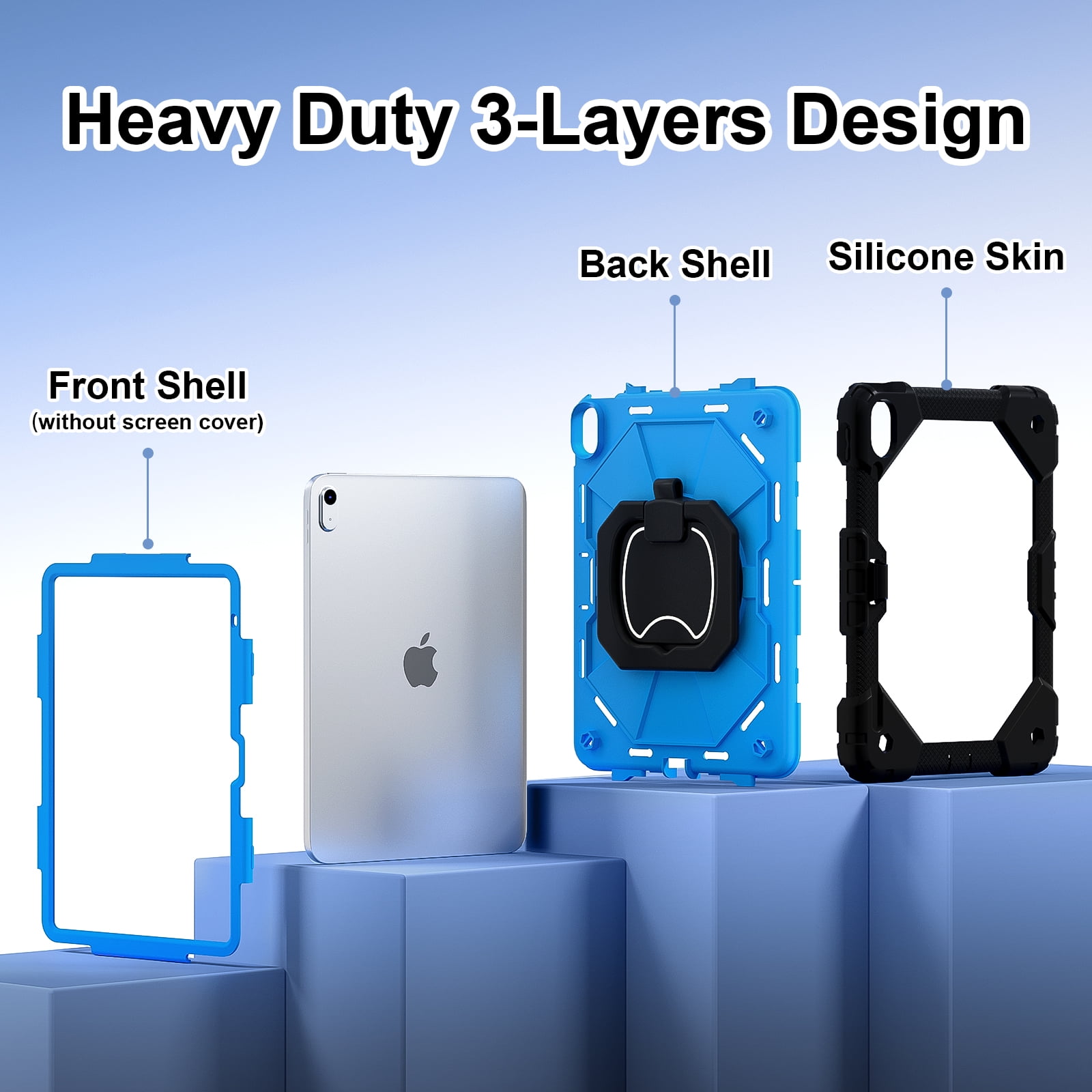 Decase Kids Case for Apple iPad 11th (A16)/10th Gen 2025/2022,Shockproof Rotatable Stand Cover,Detachable Shoulder Strap,Rugged 3-Layer Tablet Shell with Pen Holder,Black+Blue