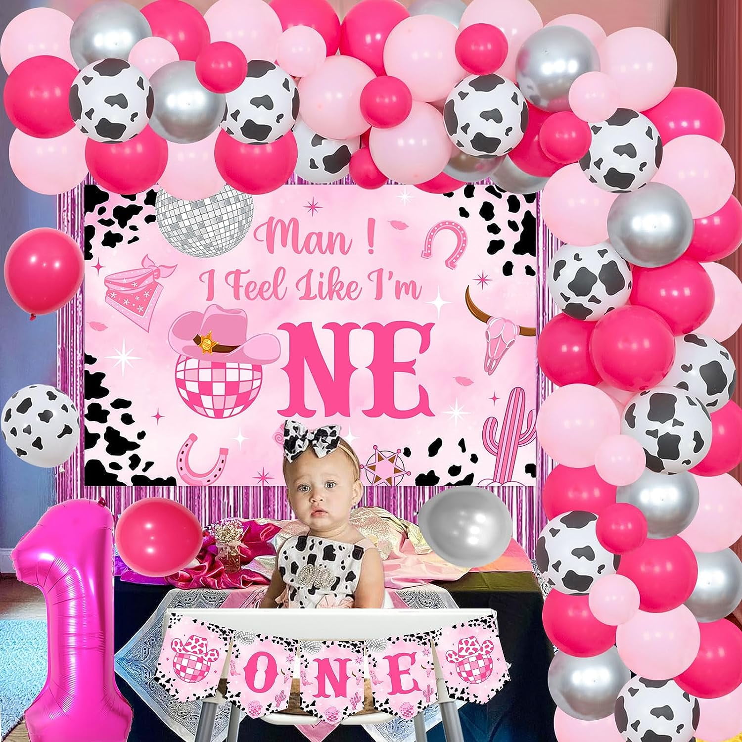 Disco Cowgirl 1st Birthday Decorations, Man I Feel Like I'M One Party Decorations Backdrop, Western Hot Pink Balloons Garland Arch Number 1 Foil Balloon One High Chair Banner for First Rodeo