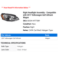 thumbnail image 2 of Right Headlight Assembly - Compatible with 2017 Volkswagen Golf Alltrack Wagon, 2 of 2
