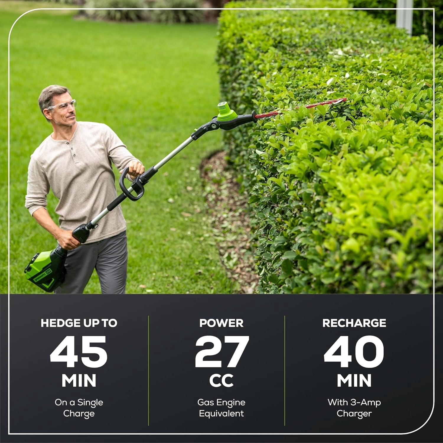 Greenworks 60V 20" Brushless Cordless Battery Powered Pole Hedge Trimmer, 2.0Ah Battery and Charger Included