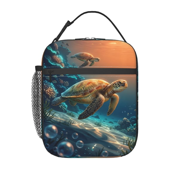 Sea Turtle Lunch Bag, Insulated Lunch Box With Front Pocket And Side Mesh Pocket, Reusable Cooler Tote For Office, Work, Picnic, Travel