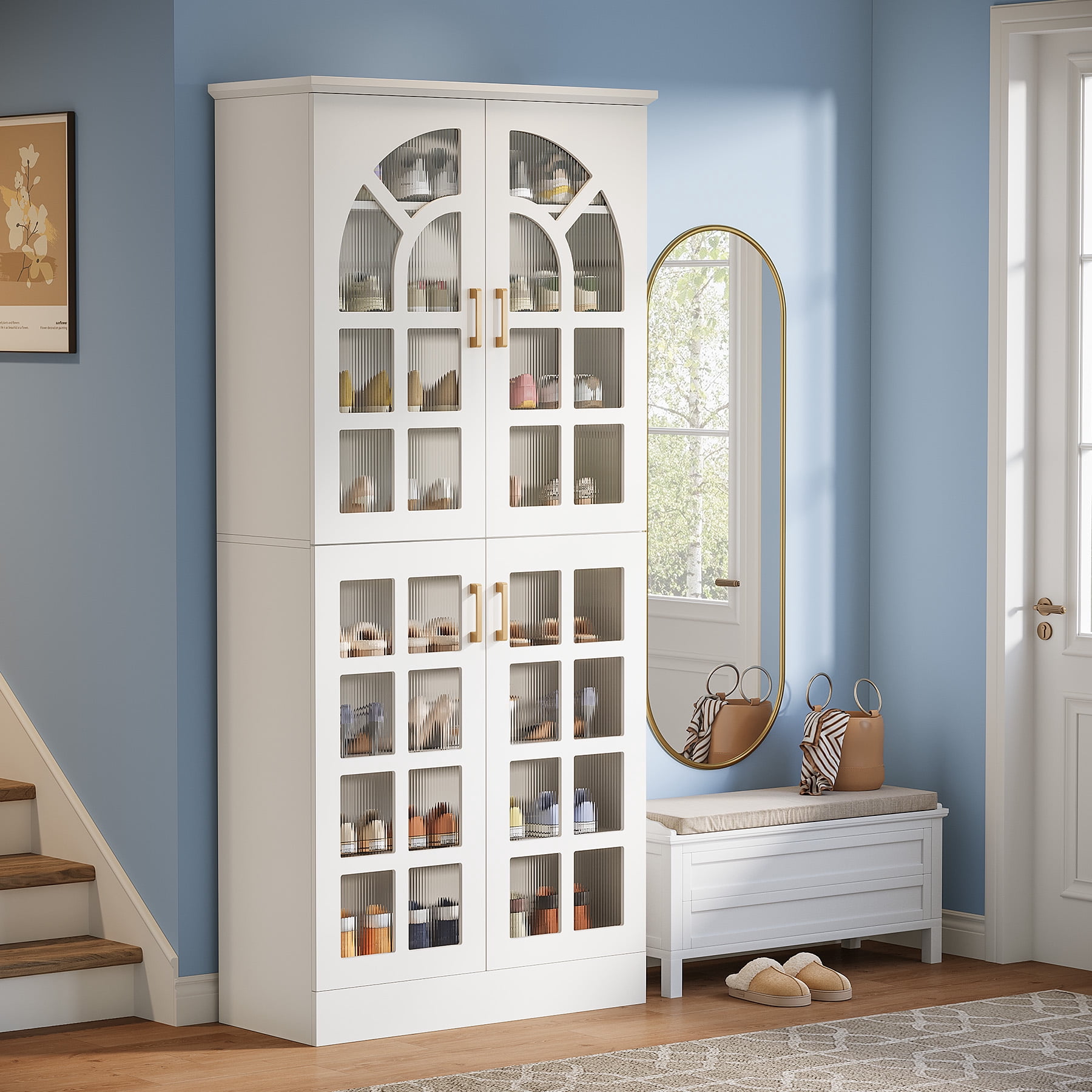 Tribesigns 8-Tier Shoe Cabinet with Doors and Led Lights, 76" Tall Shoe Rack Organizer with Adjustable Shelves for Entryway, Closet, Living Room, White