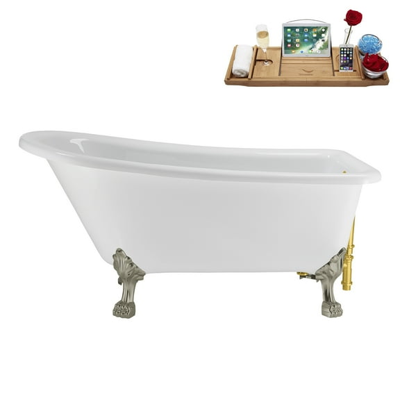 58" Streamline N4860BNK-GLD Soaking Clawfoot Tub and Tray With External Drain in Polished Gold and Brushed Nickel Clawfeet