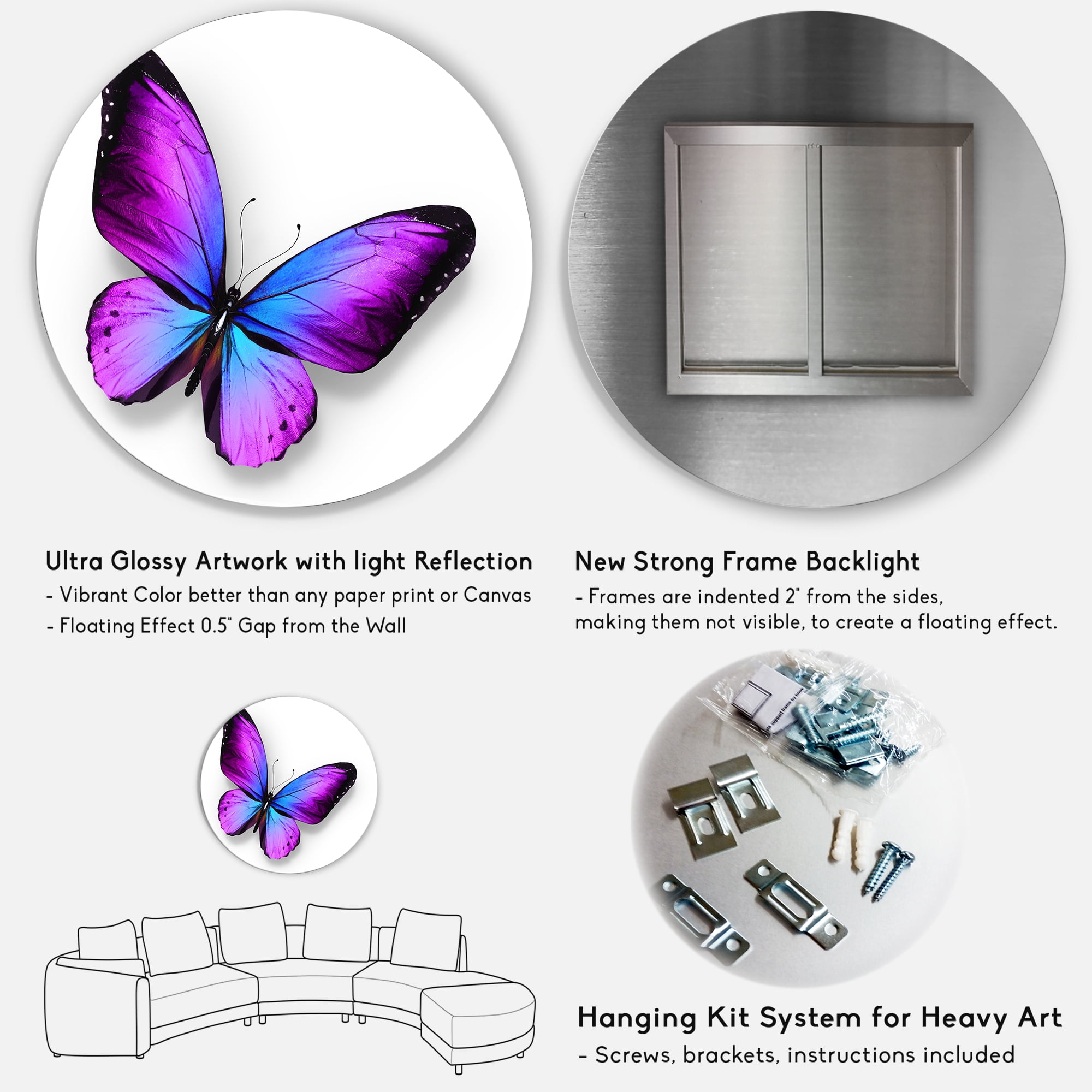 Designart 'Blue and Violet Butterfly' Modern Circle Metal Wall Art 36x36 - Disc of 36