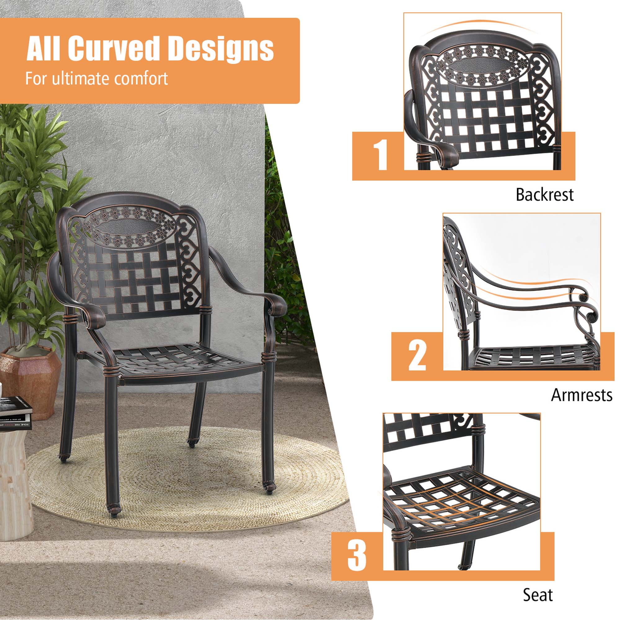 Costway 2pcs Patio Cast Aluminum Armrest Chairs Dining Stackable Outdoor Bronze