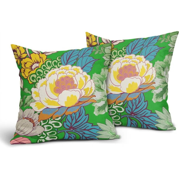Green Chinoiserie Pillow Cover 16x16 Inch Set of 2 Yellow Flower Blue Turquoise Throw Pillow Covers Floral Outdoor Farmhouse Pillowscase Linen Square Cushion Covers for Sofa Couch Bedroom Decoration