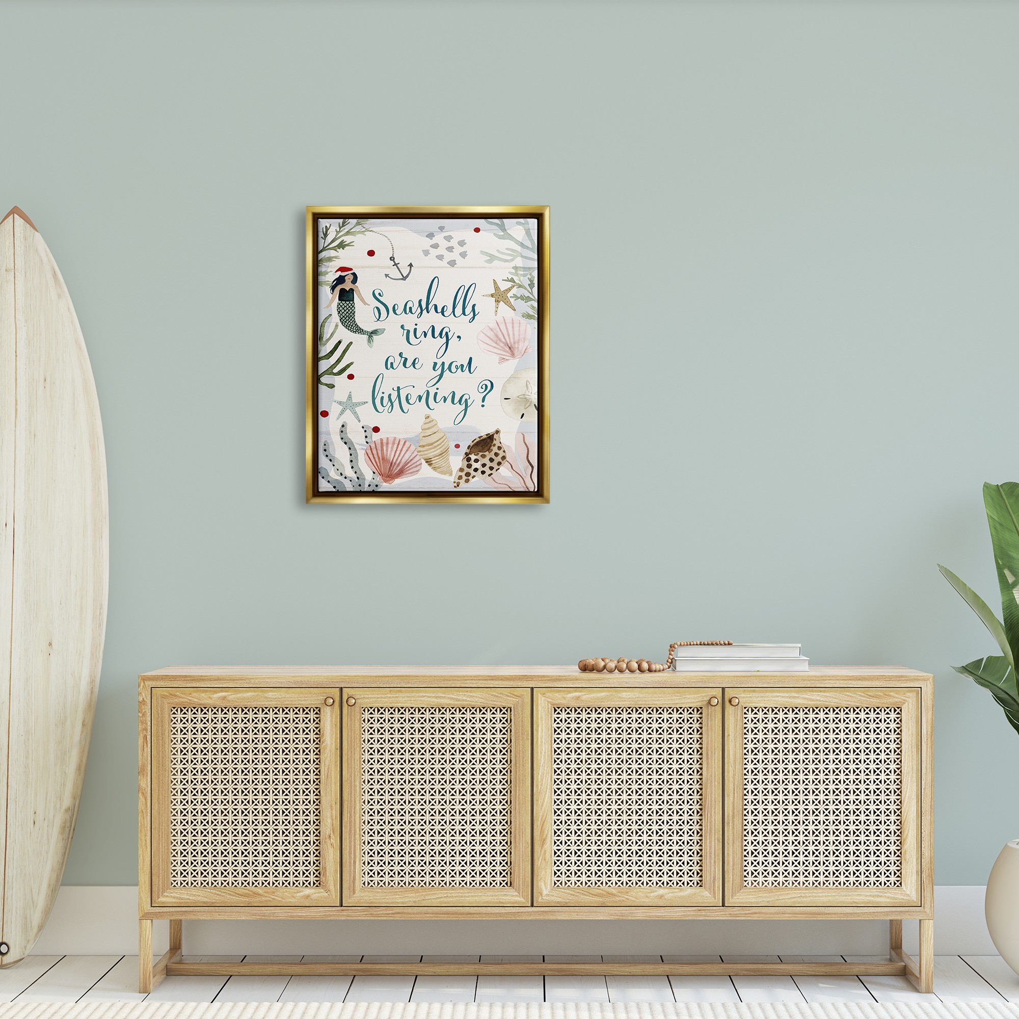 Stupell Industries Seashells Ring, You Listening Phrase Nautical Beach Christmas Metallic Gold Framed Floating Canvas Wall Art, 24x30, by Victoria Barnes