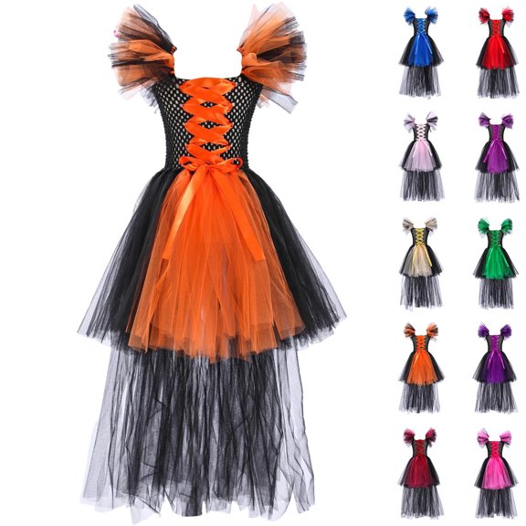 Afuyipoi Girls Mesh Pumpkin Dress Size 2-12 Halloween Party Performance Clothes for Kids Orange Size 4T