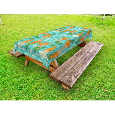 

Underwater Outdoor Tablecloth Underwater World Little Mermaid Girls Friends Seahorse Fish Shells Decorative Washable Fabric Picnic Tablecloth 58 X 120 Inches Turquoise Marigold Green by Ambesonne