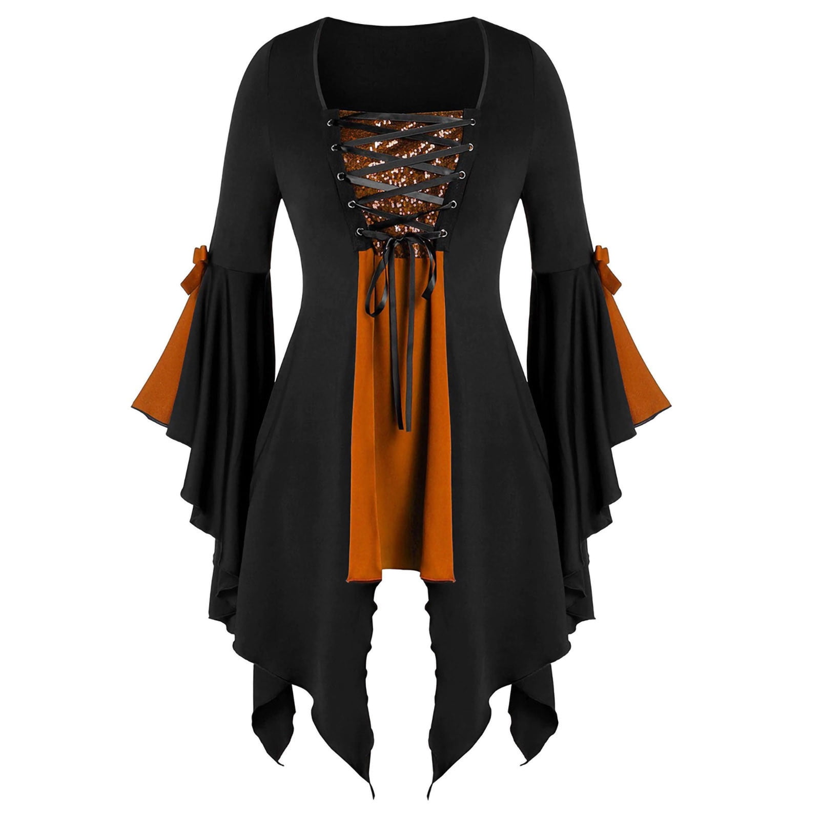 Lataw Women Halloween Tops Patchwork Gothic Criss Cross Sequin Insert Butterfly Sleeve T-Shirt Shirt Blouse 