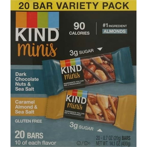 KIND Gluten Free Snack Mini Bars Variety Pack Dark Chocolate Nuts & Sea Salt and Caramel Almond & Sea Salt - 20 Bars