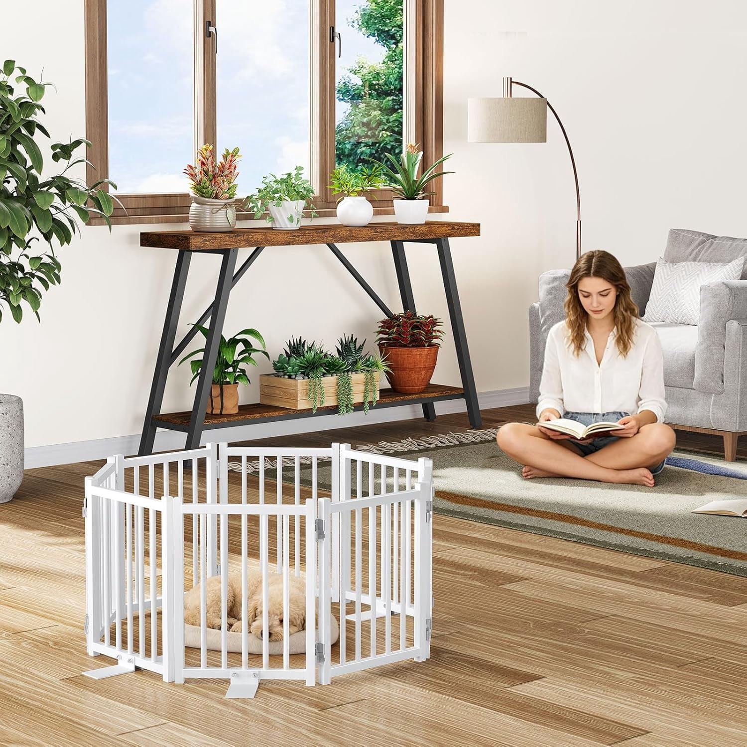 2 Pack Short Dog Gate Indoor, 16" High Freestanding Small Dog Gates with Support Feet, Expand Up to 48’’Wide Foldable Pet Gate for Doorway, 8 Panel Pet Door Pet Fence for Puppy, White