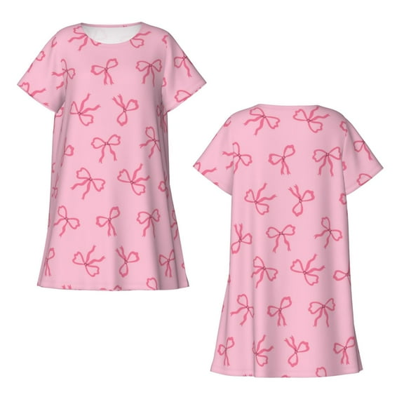 Horeoi Pink Bows Print Women's Short-sleeved Nightdress Breathable Cotton-like Material Loose A-line Knee-length