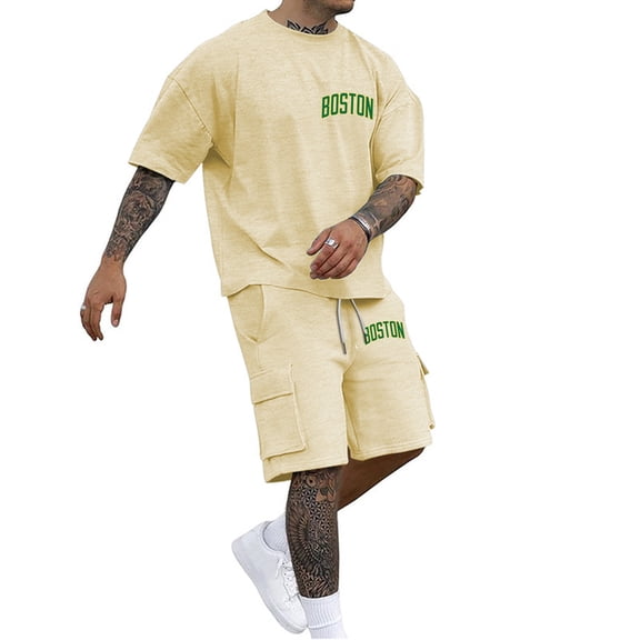 Afdoent Mens Two Piece Outfits Men's Casual Letter Printed Loose Fit Short Sleeved T Shirt And Shorts Summer Sports Set Comfortable Everyday Wear Vacation Beach Casual