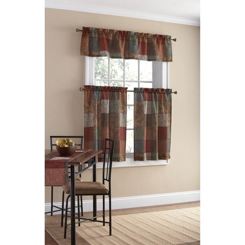 Mainstays Polyester Print Light Filtering Rod Pocket Kitchen Curtain Tier and Valance, Set of 3, Multi-Color, 56" x 36", Gray
