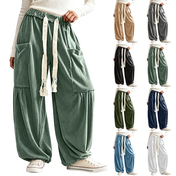 Women's Baggy Pants Wide Leg Trousers Boho Harem Sweatpants with Big Pockets Drawstring Waist Casual Wear