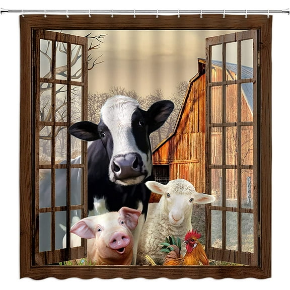 Funny Cow Rustic Shower Curtain Farmhouse Animal Farm Cow Chicken Pig Through The Window Wooden Fabric Bathroom Decor Set with Hooks(70" Wx70 H)