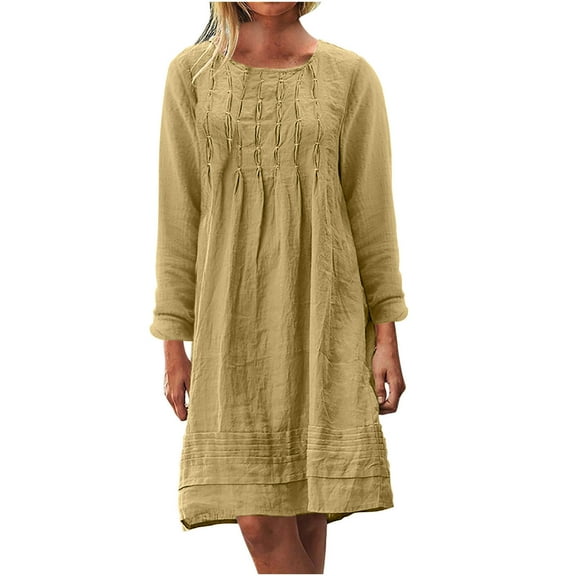 Ruimatai Women's Linen Dress Long Sleeve Round Neck Pleated Loose Fit Casual Party Dress Comfortable Stretchy Solid Color Spring Summer Winter