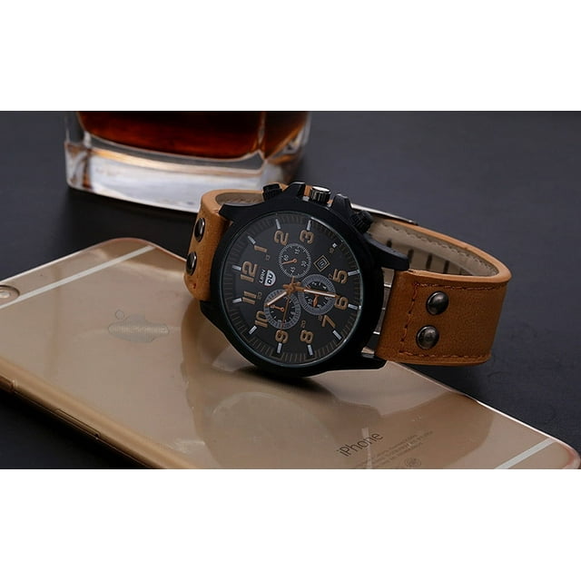 Reloj de cuarzo para hombre, relojes para hombre, reloj de pulsera de cuarzo analógico de cuarzo con fecha de cuero militar para hombre
