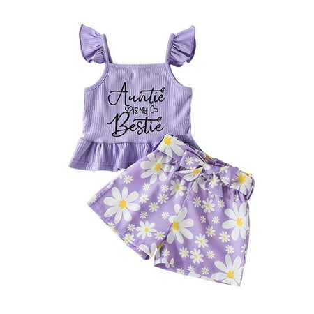 

Leutsin Summer Toddler Girl Flying Sleeve Top Bow Daisy Print Shorts Two-piece Set