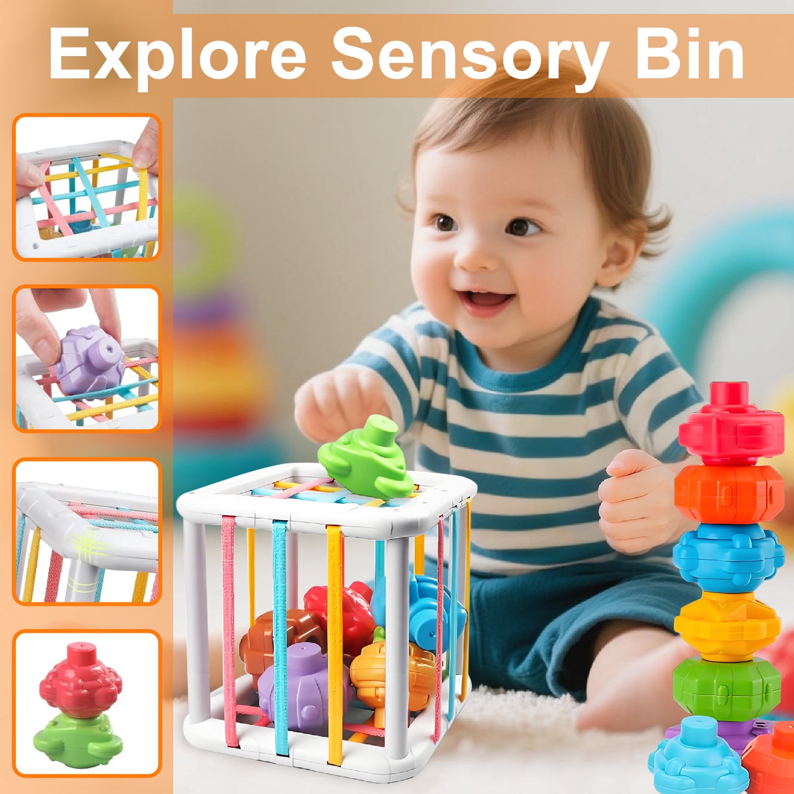 Rirool 6-in-1 Montessori Baby Toys - Sensory Bin & Teething Toys with Stacking Blocks, Eggs, Spinner, Crab Pull Toy (27 Pieces) for Infants 6-36 Months