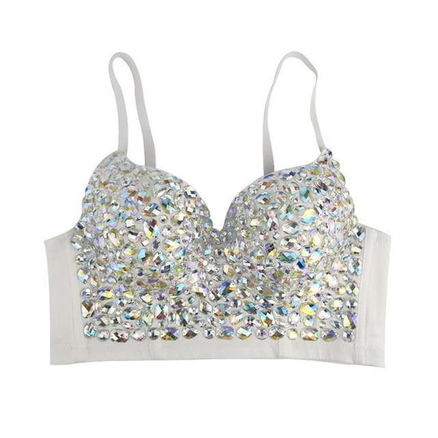 Top de corsé con diamantes de imitación, elegante sujetador de corsé para disfraces, cócteles 34B Blanco